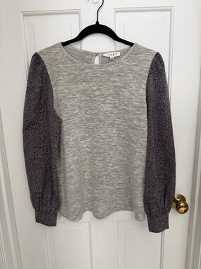 THML Grey Knit Top with Charcoal Patterned Balloon Sleeves